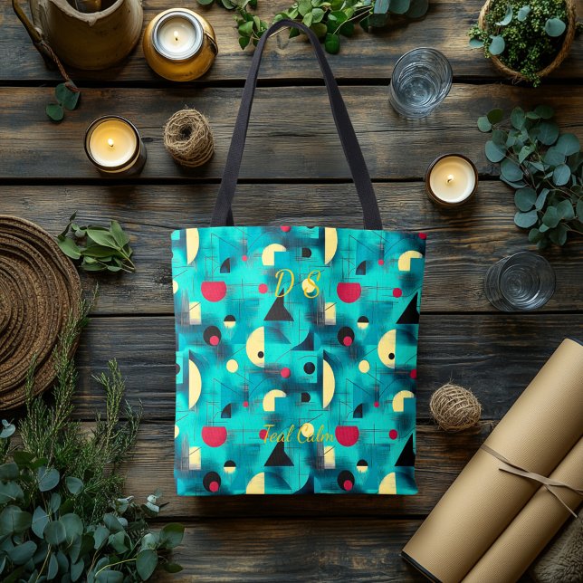 Bolsa Tote Abstrato de Calma Teal - Moderno em Teal, Amarelo, (Criador carregado)