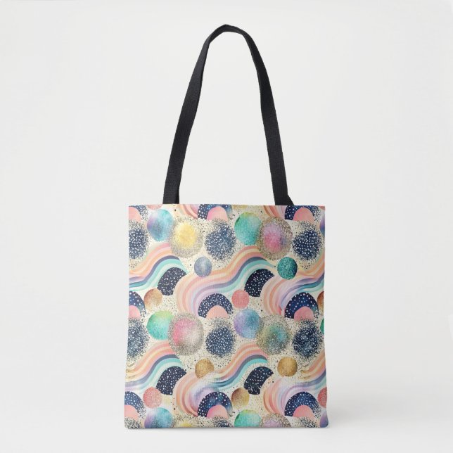 Bolsa Tote Abstrato de Ondas do Arco-Íris e Largura do Pastel (Frente)