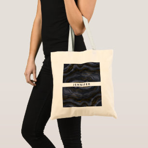 Bolsa Tote Abstrato de Pedra Preta e Dourada Moderna