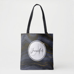 Bolsa Tote Abstrato de Pedra Preta e Dourada Moderna