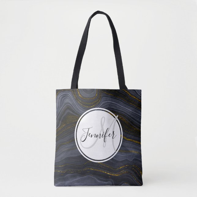 Bolsa Tote Abstrato de Pedra Preta e Dourada Moderna (Frente)