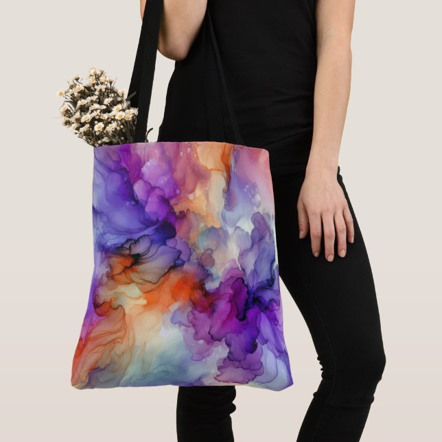 Bolsa Tote Abstrato de Tinta de Álcool Laranja e Roxo (Close Up)