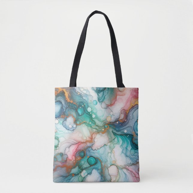 Bolsa Tote Abstrato em Rosa, Azul Claro, Azul e Dourado (Frente)