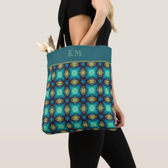 Bolsa Tote Abstrato Floral Chic Girly  Azul Monograma (Close Up)