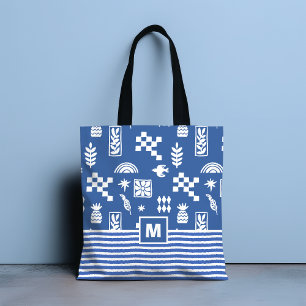 Bolsa Tote Abstrato Geométrico Azul Floral de Aves
