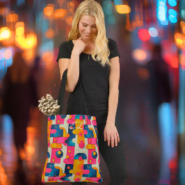 Bolsa Tote Abstrato Geométrico Ousado com Rosa, Amarelo e Azu
