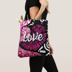 Bolsa Tote Abstrato Love Heart Pink Floral Bolinhas Pretas