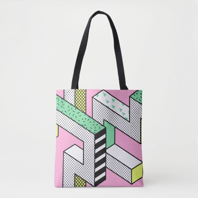 Bolsa Tote Abstrato Memphis Padrões sem costura com 3d Geomet (Frente)