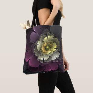 Bolsa Tote Abstrato Modern Purpur Khaki Cinza Flor Fractal