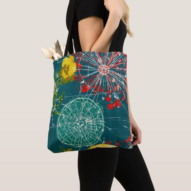 Bolsa Tote Abstrato Moderno em Azul Turquesa e Vermelho (Close Up)