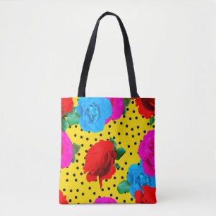 Bolsa Tote Abstrato Rosas Reais Coloridos e Folhas Metálicas