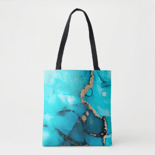 Bolsa Tote Abstrato Teal Dourada Álcool Tinta Original