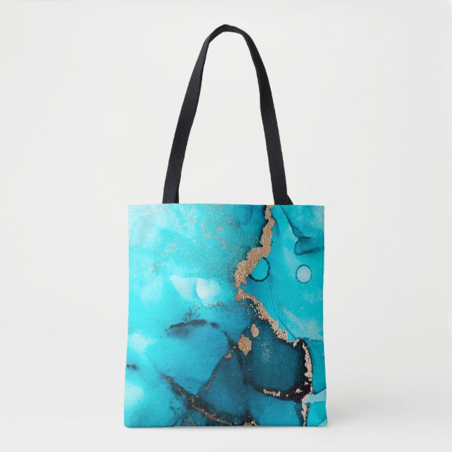 Bolsa Tote Abstrato Teal Dourada Álcool Tinta Original (Frente)