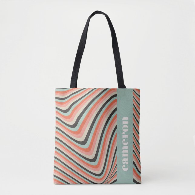 Bolsa Tote Abstrato Wavy Stripes Aqua e Peach personalizados (Frente)