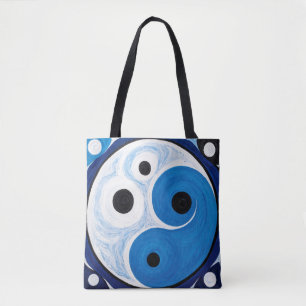 Bolsa Tote Abstrato Yin Yang: Modernista Azul e Branco