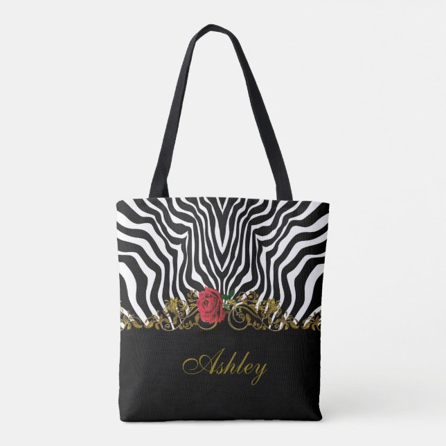 Bolsa Tote Abstrato Zebra Flor Vermelho Negro Branco Dourado (Verso)