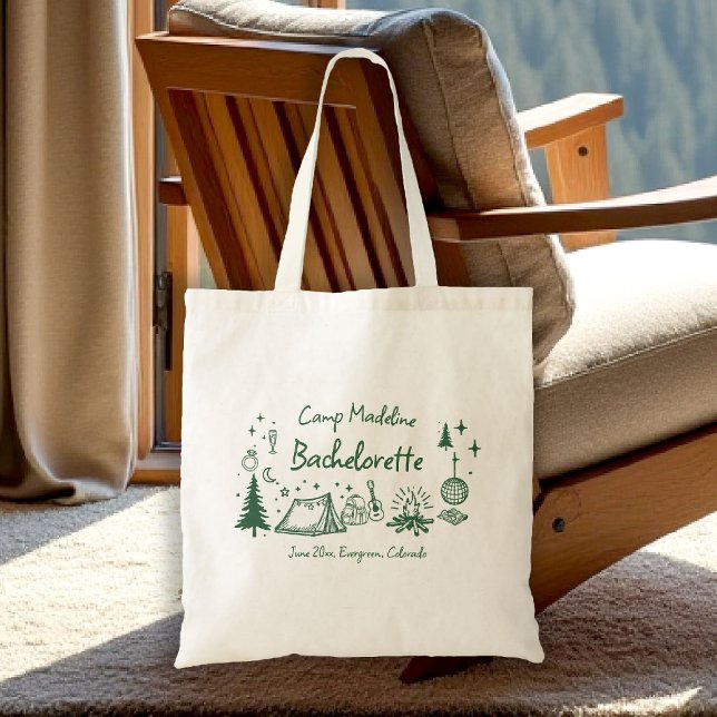 Bolsa Tote Acampamento Despedida de Solteira Escrita Desenhad (camp bachelorette tote bag bridesmaid gift camping hand drawn written girls trip bach)