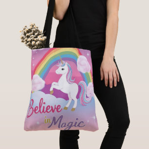 Bolsa Tote Acredite na Magia com Unicórnio e Arco-íris