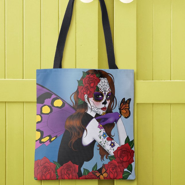 Bolsa Tote Açúcar Morado Caveira Fada Rosas Vermelhas Monarca (Criador carregado)