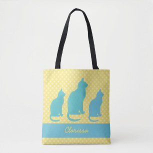 Bolsa Tote Adicionar Bolinhas Amarela com Gatos Azuis