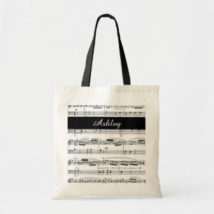 Bolsa Tote adicionar nome, notas de música em preto e branco