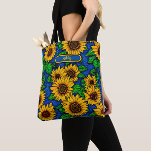 Bolsa Tote Adicionar Ouro de Nome Girassóis e Folhas em Azul