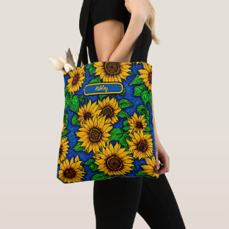 Bolsa Tote Adicionar Ouro de Nome Girassóis e Folhas em Azul 