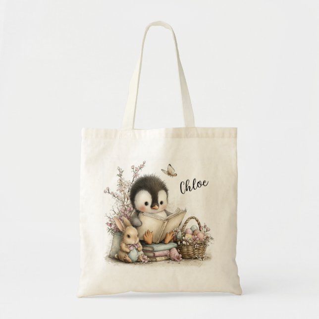 Bolsa Tote Adorable Penguin Reading Scene Illustration (Frente)