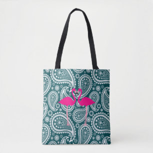 Bolsa Tote Adoráveis Flamingos Rosa Paisley Azul Teal Branco