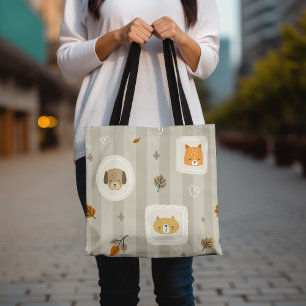 Bolsa Tote Adoráveis Rostos de Animais Cachorros e Gatos