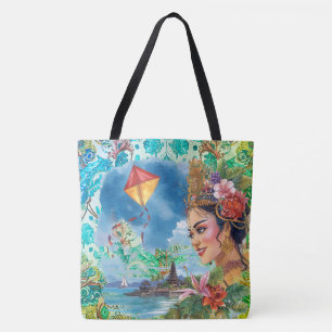 Bolsa Tote Adorável dançarina de Bali e padrão tropical