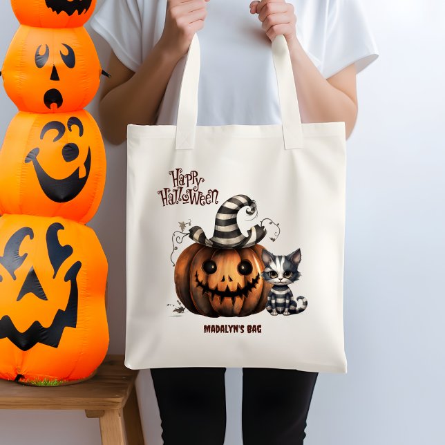 Bolsa Tote Adorável Gatinho Negro e Branco do Halloween (Criador carregado)