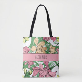 Bolsa Tote Adorável monograma floral cor-de-rosa e verde fofo