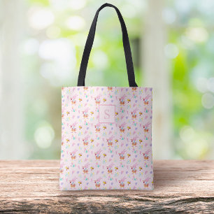 Bolsa Tote adorável padrão de jardim de coelho cor-de-rosa Mo