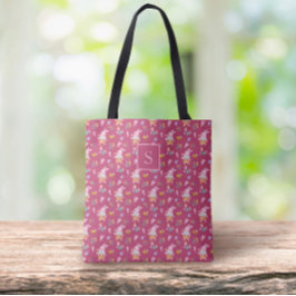 Bolsa Tote adorável padrão de jardim de coelho magenta Monogr