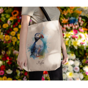 Bolsa Tote Adorável Puffin em Aquarela, personalizado