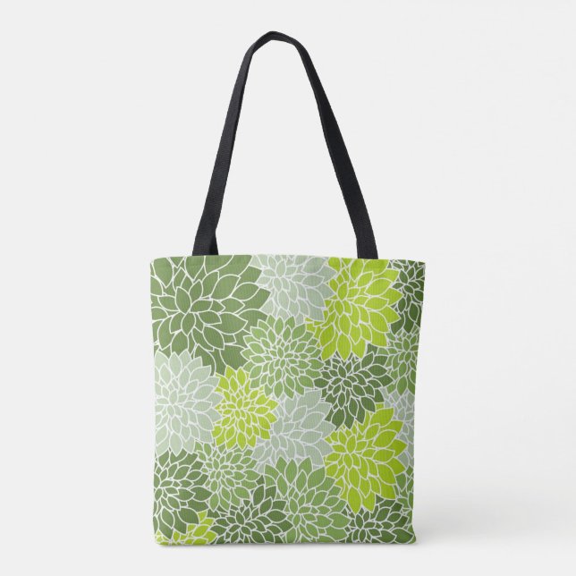 Bolsa Tote Adorável Verde e Cinza Dahlia Floral (Verso)