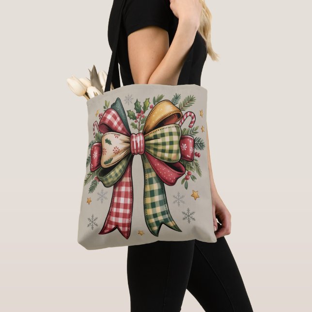 Bolsa Tote Adorno de Natal em Patchwork Cozy Férias Rústicas (Close Up)