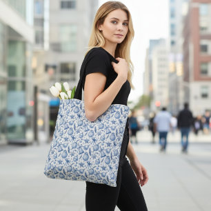 Bolsa Tote Adornos de Natal Azuis Toile, Sininhos e Fita