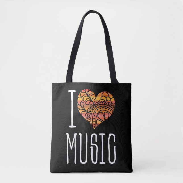 Bolsa Tote Adoro Música Amarelo Coração de Mandala Laranja (Frente)