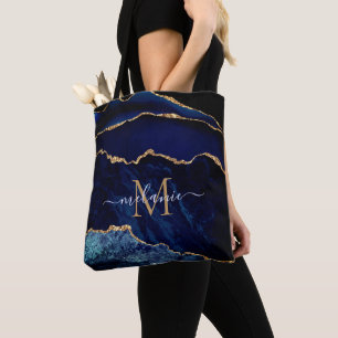 Bolsa Tote Agate Marinho Azul Dourado Marble Name Letter Toto