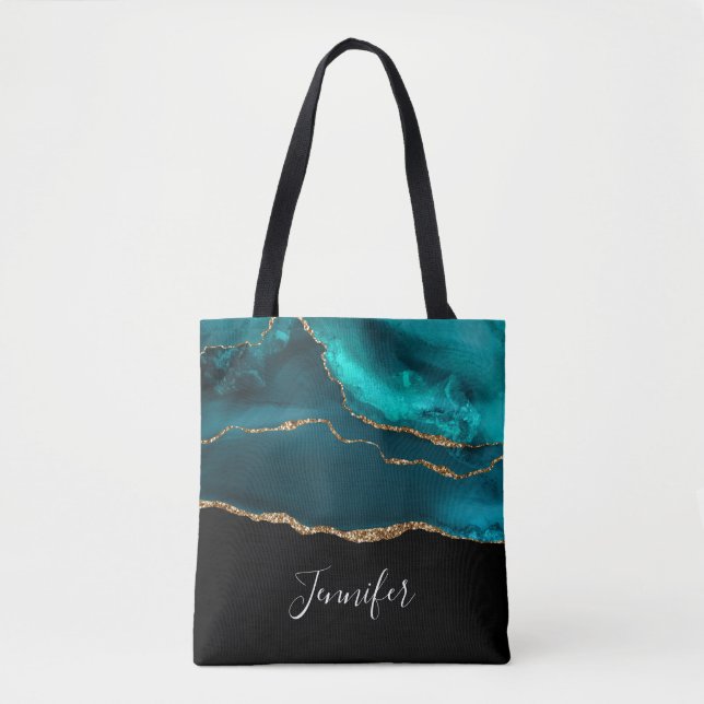 Bolsa Tote Agato Teal Moderno de Na moda e Faixa Dourada a Pr (Frente)