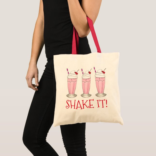 Bolsa Tote Agite! Sorvete de Morango Rosa Comprado Milkshake (Frente (produto))