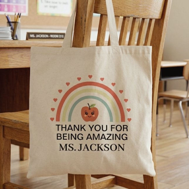 Bolsa Tote Agradecimento ao Professor Pastel Arco-Íris (thank you apple rainbow 1)