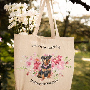 Bolsa Tote Água Colorida Floral Cão Rottweiler