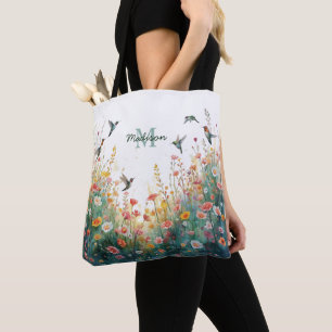 Bolsa Tote Água de Primavera Pássaros Floral Monograma Flor S