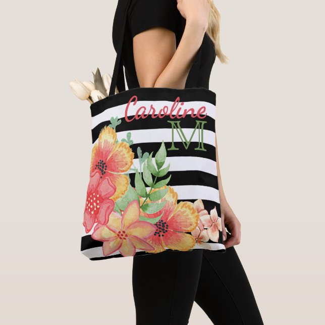 Bolsa Tote Água-forte Floral Personalizada Listras Pretas e B (Close Up)
