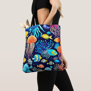 Bolsa Tote Água-viva e peixe: delícia no mar profundo