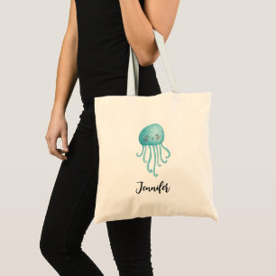 Bolsa Tote Água-viva verde-azul, branca e divertida