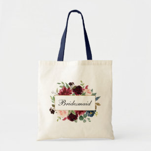 Bolsa Tote Aguarela Borgonha B floral azul da dama de honra